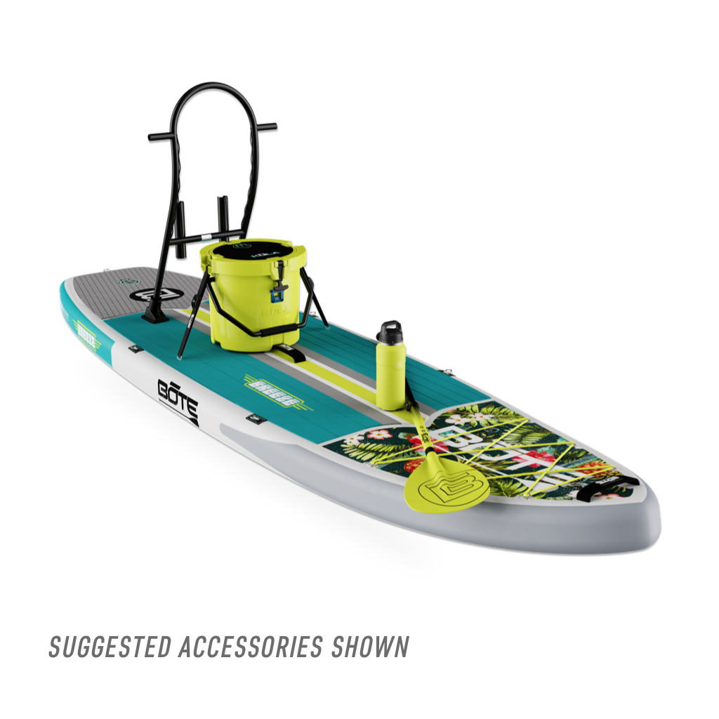 Front view of the Breeze Aero 11'6" Native Cuda Inflatable Paddle Board with accessories