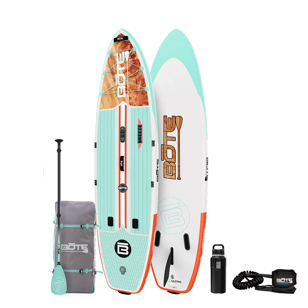 Top and base view of the 11'6" Breeze Aero Package in Classic Cedar with paddle, bag, bottle, and coiled leash.