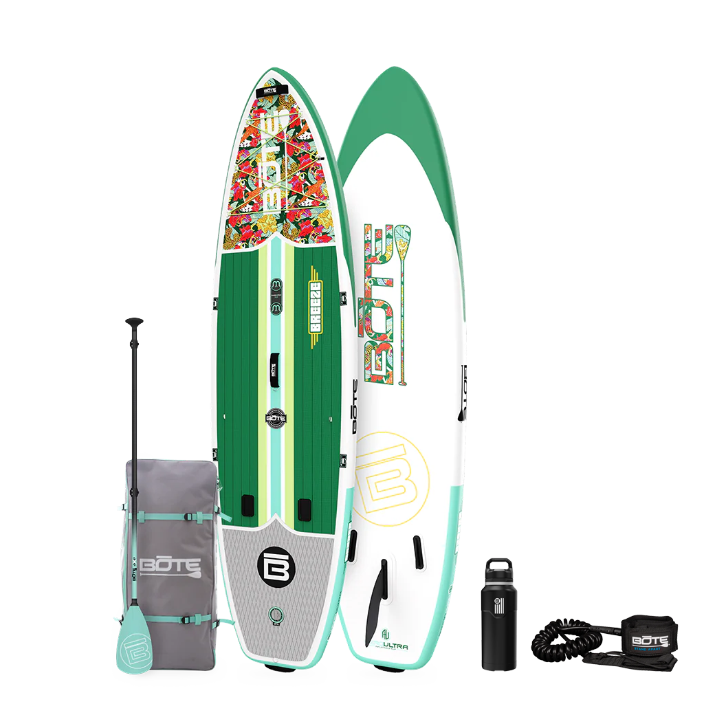 Top and base view of the 11'6" Breeze Aero Package in Native Begonia with paddle, bag, bottle, and coiled leash.