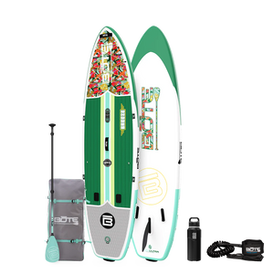 Top and base view of the 11'6" Breeze Aero Package in Native Begonia with paddle, bag, bottle, and coiled leash.