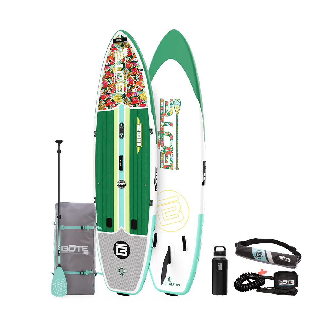 Top and base view of the 11'6" Breeze Aero Package in Native Begonia with paddle, bag, bottle, pfd, and coiled leash.