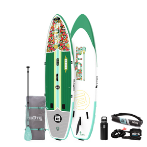 Top and base view of the 11'6" Breeze Aero Package in Native Begonia with paddle, bag, bottle, pfd, and coiled leash.