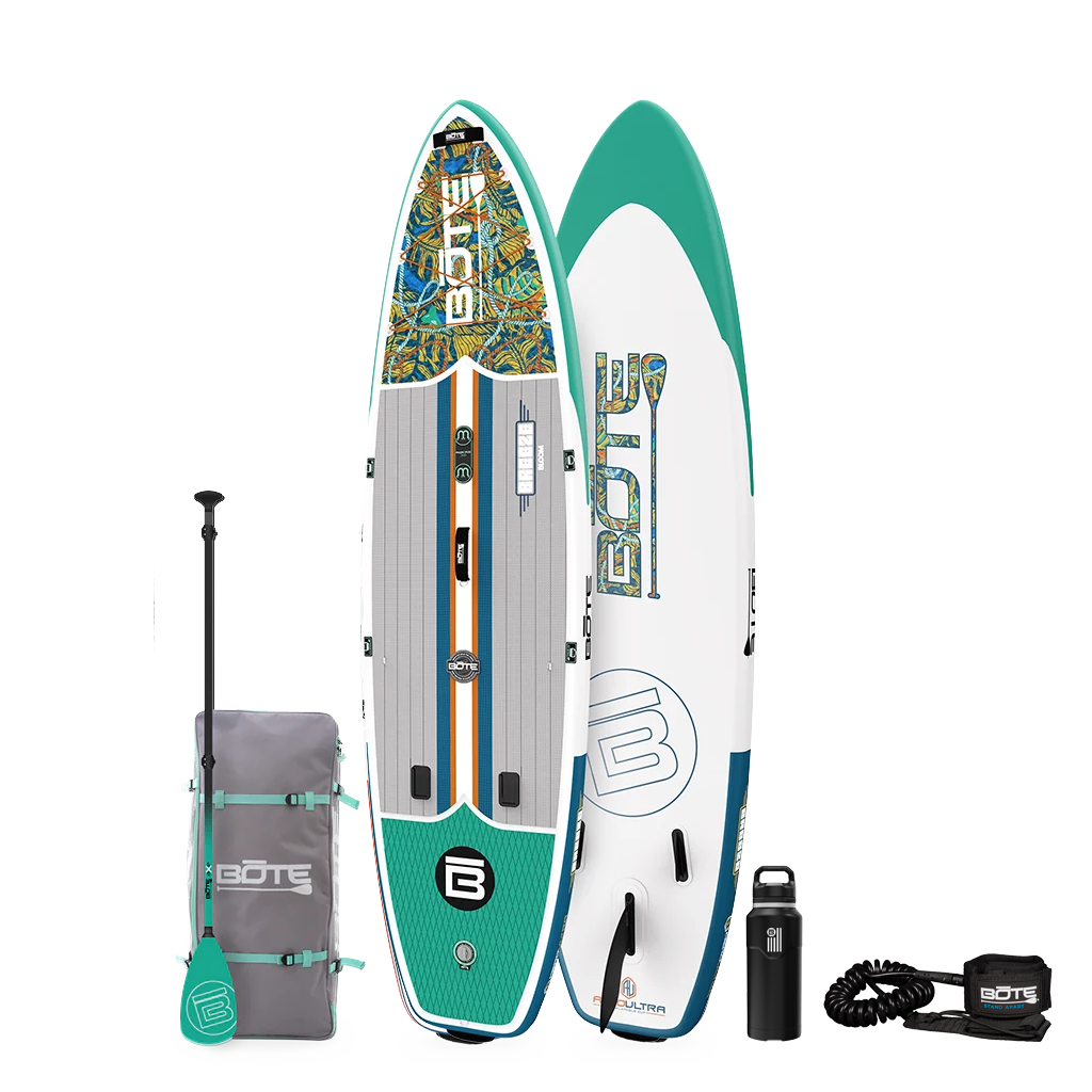 Top and base view of the 11'6" Breeze Aero Package in Native Tides Bloom with paddle, bag, bottle, and coiled leash.