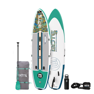 Top and base view of the 11'6" Breeze Aero Package in Native Tides Bloom with paddle, bag, bottle, and coiled leash.