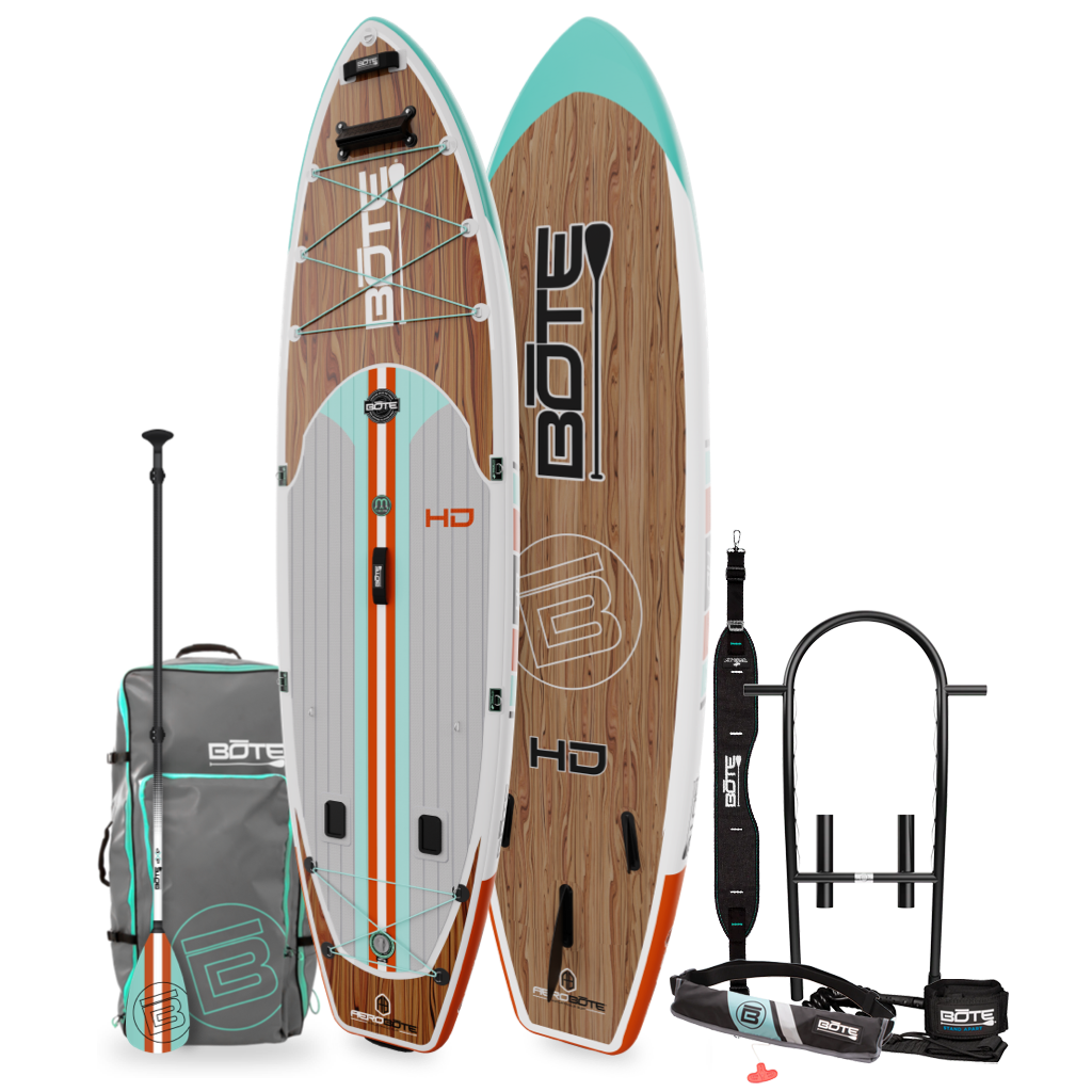 Top and bottom angled view of the HD Aero 11′6″ Classic Mangrove Inflatable Paddle Board Package