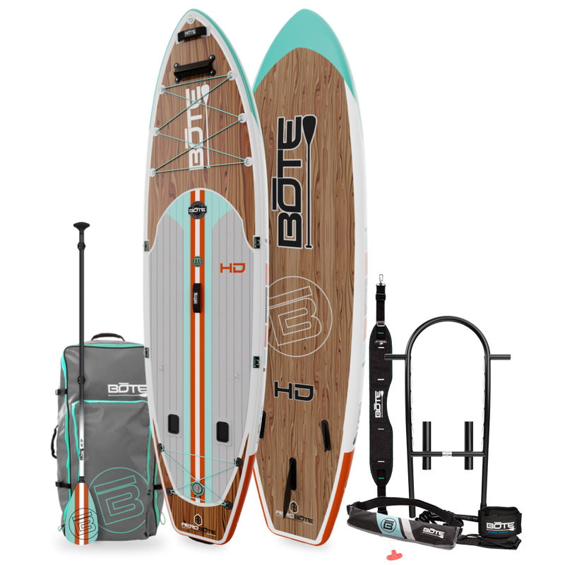 Top and bottom angled view of the HD Aero 11′6″ Classic Mangrove Inflatable Paddle Board Package