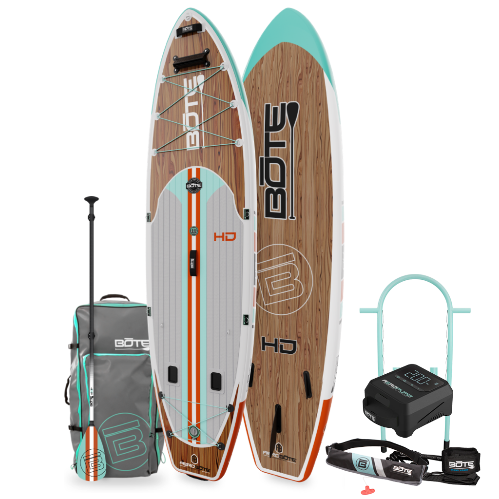 Top and bottom angled view of the HD Aero 11′6″ Classic Mangrove Inflatable Paddle Board Package