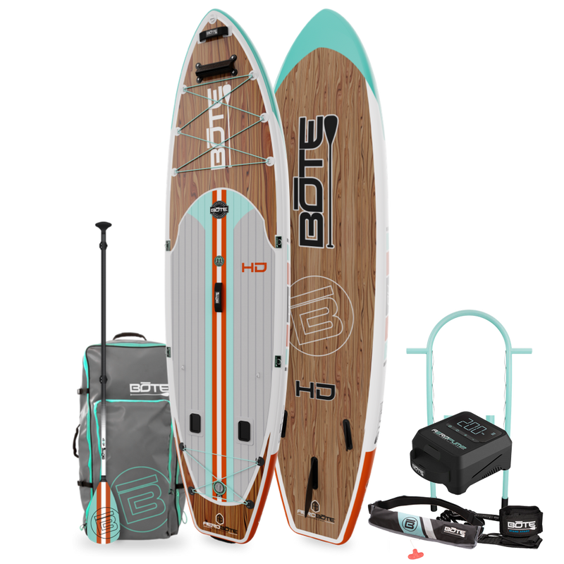 Top and bottom angled view of the HD Aero 11′6″ Classic Mangrove Inflatable Paddle Board Package