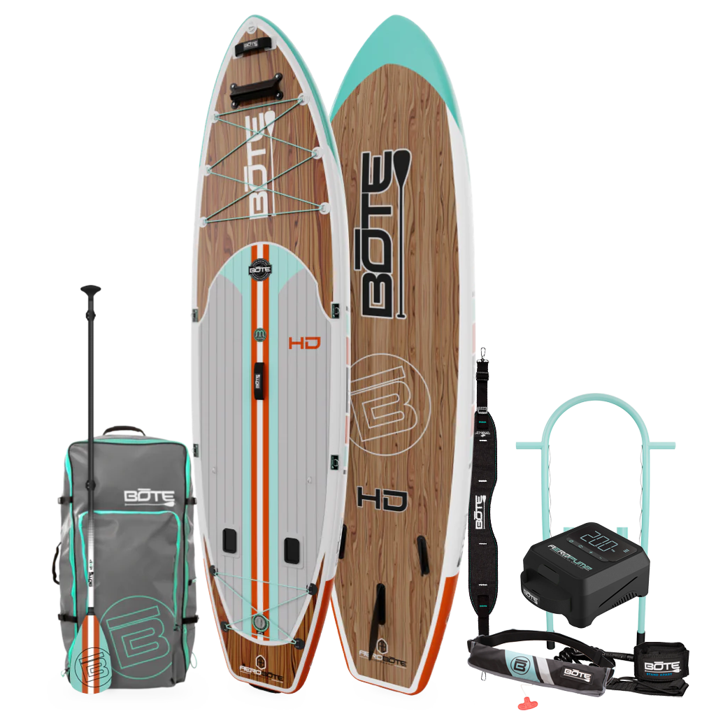 HD Aero Package featuring woodgrain-style board, paddle, carry bag, leash, and pump set.