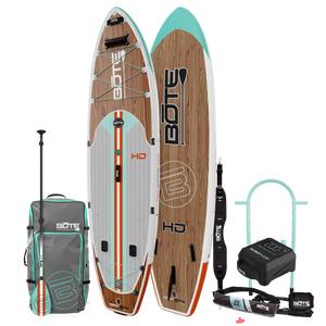 HD Aero Package featuring woodgrain-style board, paddle, carry bag, leash, and pump set.