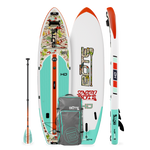 Top, side, and bottom view of the HD Aero 11′6″ Native Sendero Inflatable Paddle Board with paddle and travel bag