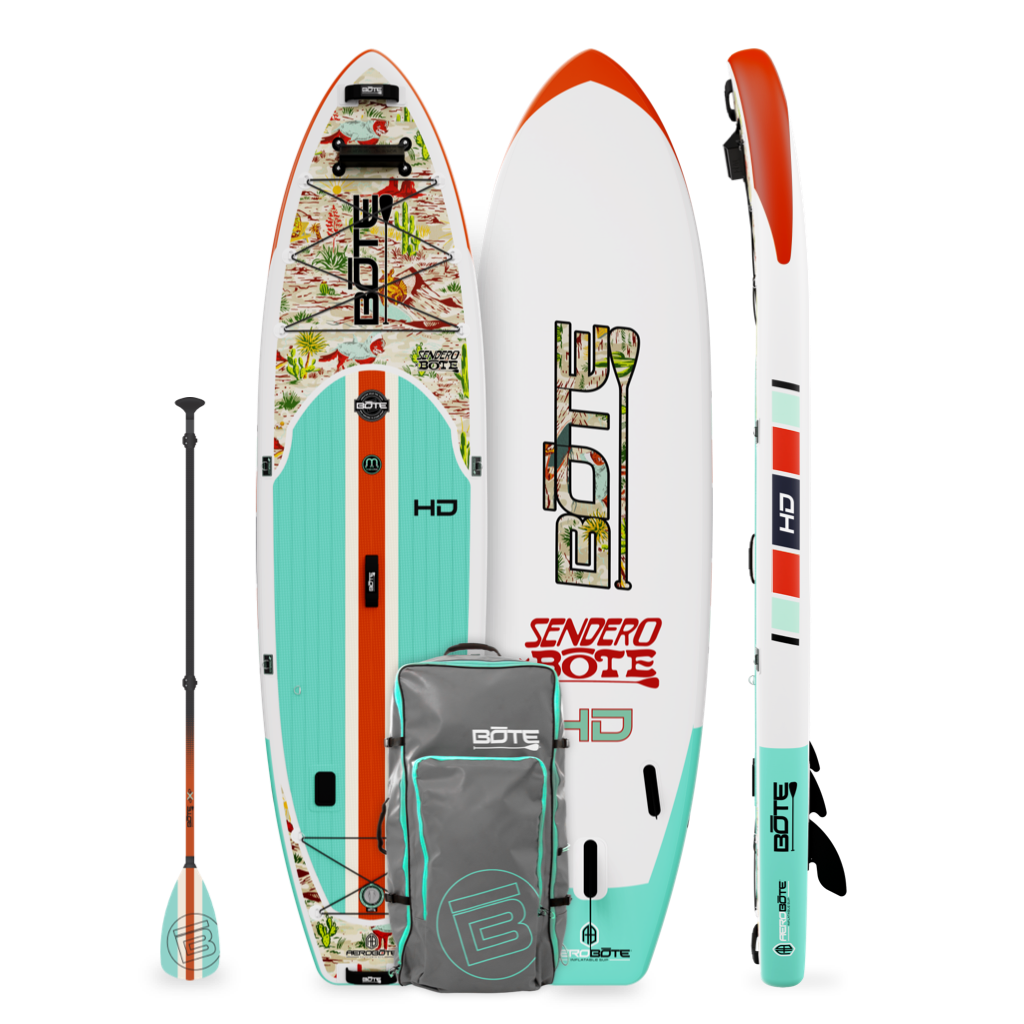 Top, side, and bottom view of the HD Aero 11′6″ Native Sendero Inflatable Paddle Board with paddle and travel bag