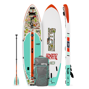 Top, side, and bottom view of the HD Aero 11′6″ Native Sendero Inflatable Paddle Board with paddle and travel bag