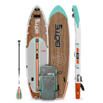 Top, side and bottom view of the HD Aero 11′6″ Classic Mangrove Inflatable Paddle Board with paddle and bag