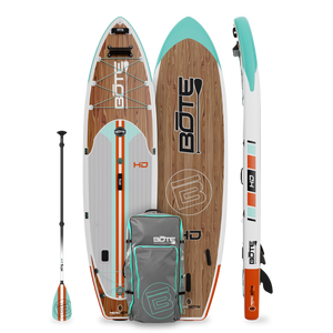Top, side and bottom view of the HD Aero 11′6″ Classic Mangrove Inflatable Paddle Board with paddle and bag