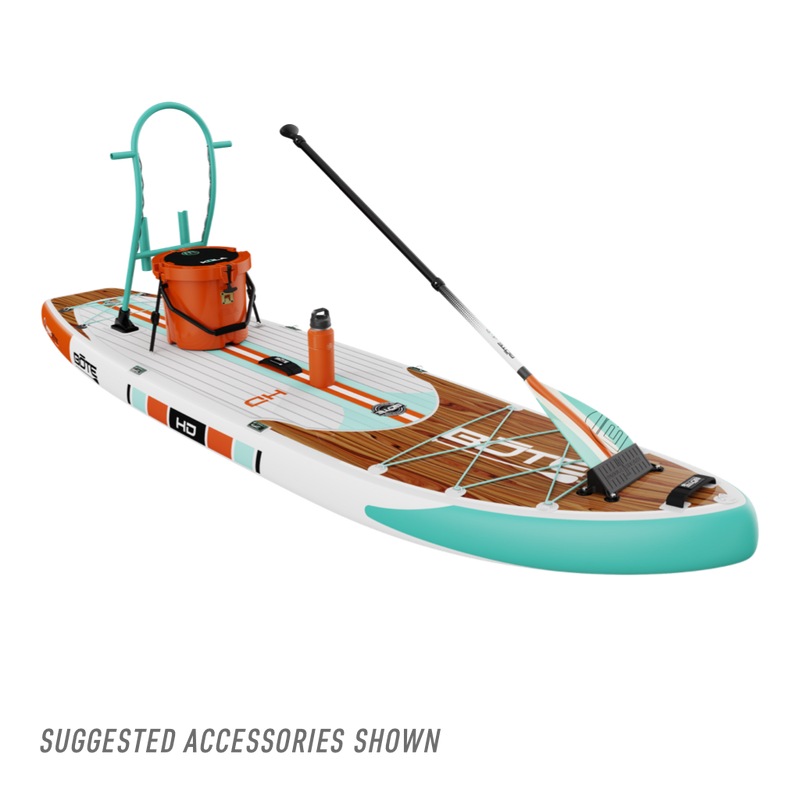 Front angled view of the HD Aero 11′6″ Classic Mangrove Inflatable Paddle Board with suggested accessories