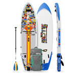 Top, side and bottom view of the HD Aero 11′6″ Fischer Topwater Inflatable Paddle Board with paddle and bag