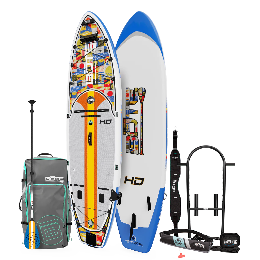 Top and bottom angled view of the HD Aero 11′6″ Fischer Topwater Inflatable Paddle Board Package