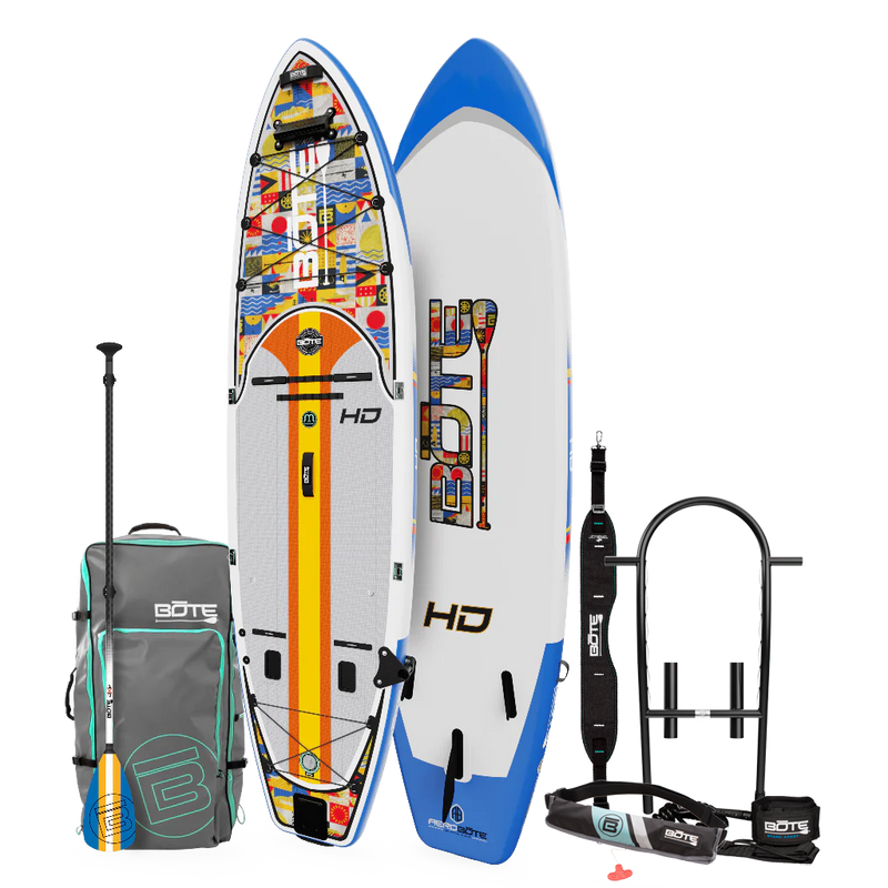 Top and bottom angled view of the HD Aero 11′6″ Fischer Topwater Inflatable Paddle Board Package