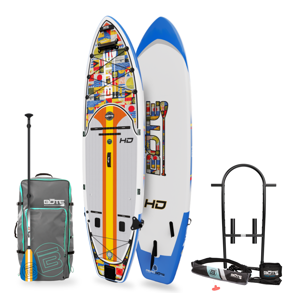 Top and bottom angled view of the HD Aero 11′6″ Fischer Topwater Inflatable Paddle Board Package