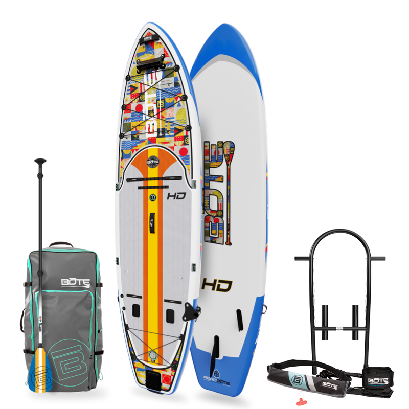 Top and bottom angled view of the HD Aero 11′6″ Fischer Topwater Inflatable Paddle Board Package