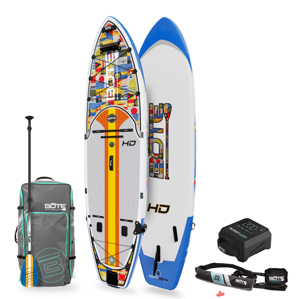 Top and bottom angled view of the HD Aero 11′6″ Fischer Topwater Inflatable Paddle Board Package