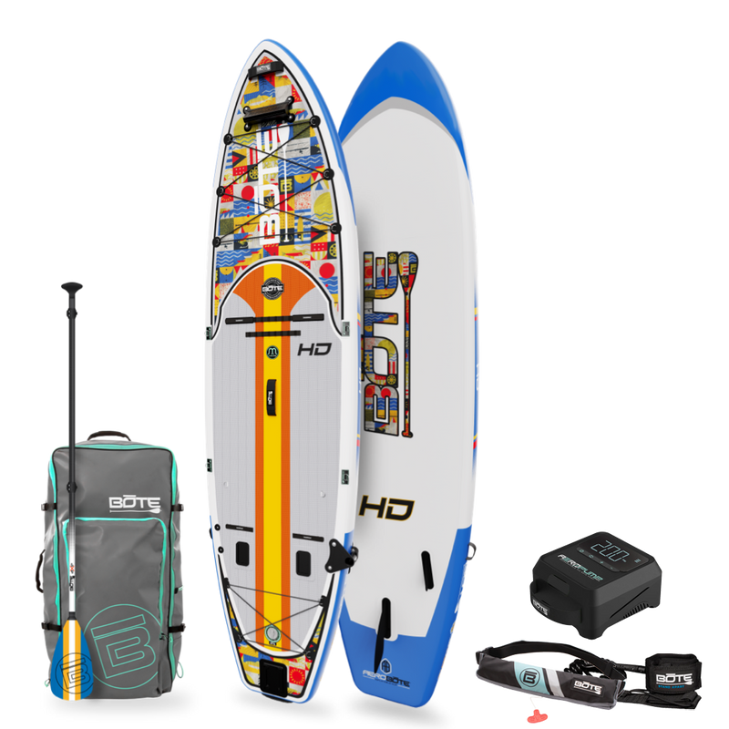 Top and bottom angled view of the HD Aero 11′6″ Fischer Topwater Inflatable Paddle Board Package