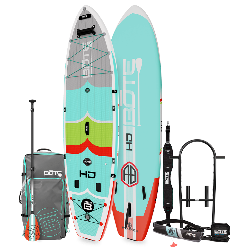 Top and bottom angled view of the HD Aero 11′6″ Full Trax Lime Inflatable Paddle Board Package