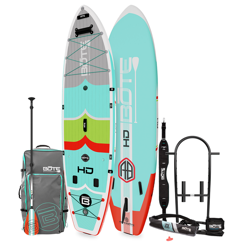 Top and bottom angled view of the HD Aero 11′6″ Full Trax Lime Inflatable Paddle Board Package