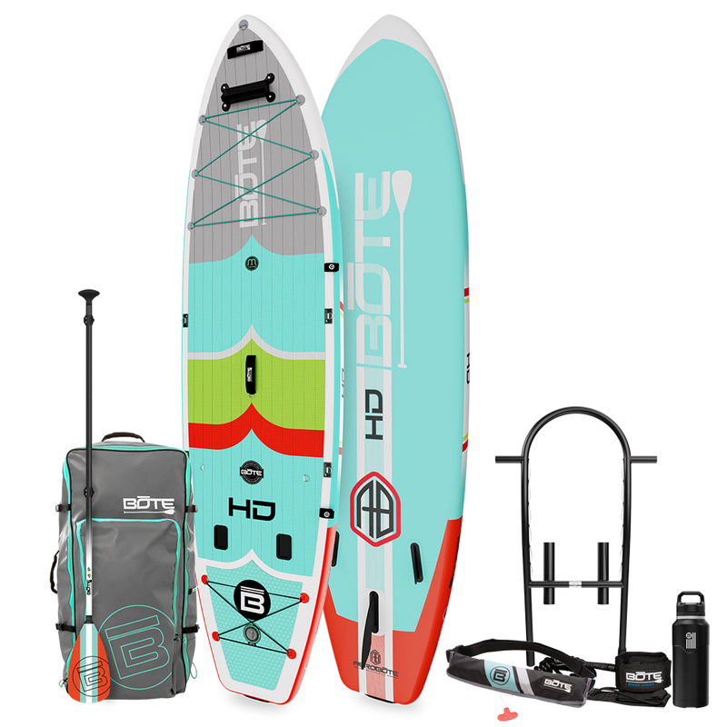 Top and bottom angled view of the HD Aero 11′6″ Full Trax Lime Inflatable Paddle Board Package