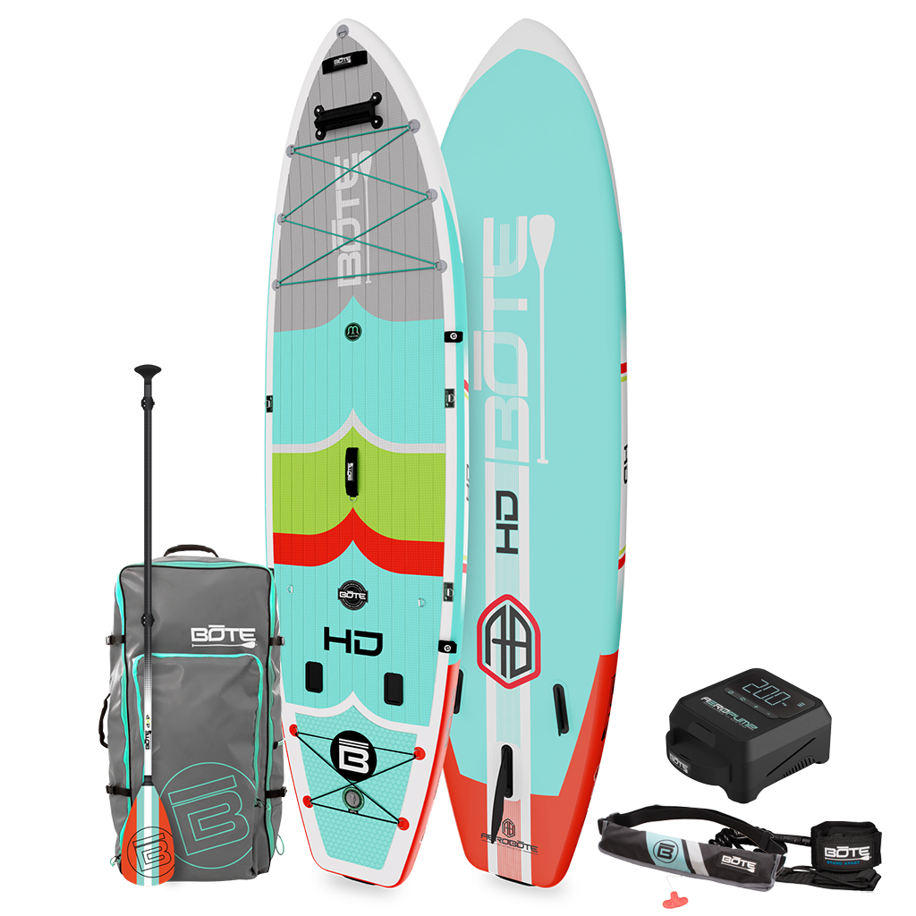 Top and bottom angled view of the HD Aero 11′6″ Full Trax Lime Inflatable Paddle Board Package