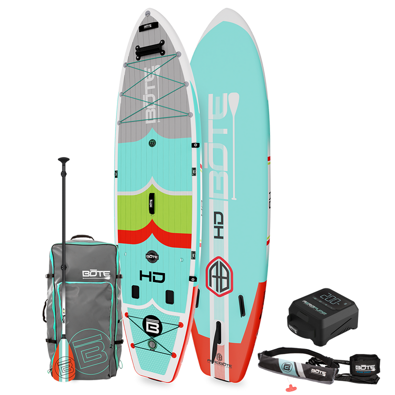 Top and bottom angled view of the HD Aero 11′6″ Full Trax Lime Inflatable Paddle Board Package