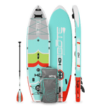 Top, side, and bottom view of the HD Aero 11′6″ Full Trax Lime Inflatable Paddle Board with carrying bag and paddle.