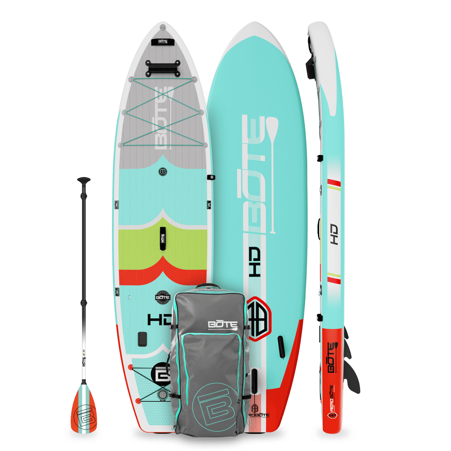 Top, side, and bottom view of the HD Aero 11′6″ Full Trax Lime Inflatable Paddle Board with carrying bag and paddle.