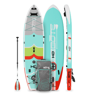 Top, side, and bottom view of the HD Aero 11′6″ Full Trax Lime Inflatable Paddle Board with carrying bag and paddle.
