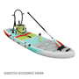 Angled front view of the HD Aero 11′6″ Full Trax Lime Inflatable Paddle Board with accessories including cooler, rac, bottle, and paddle.