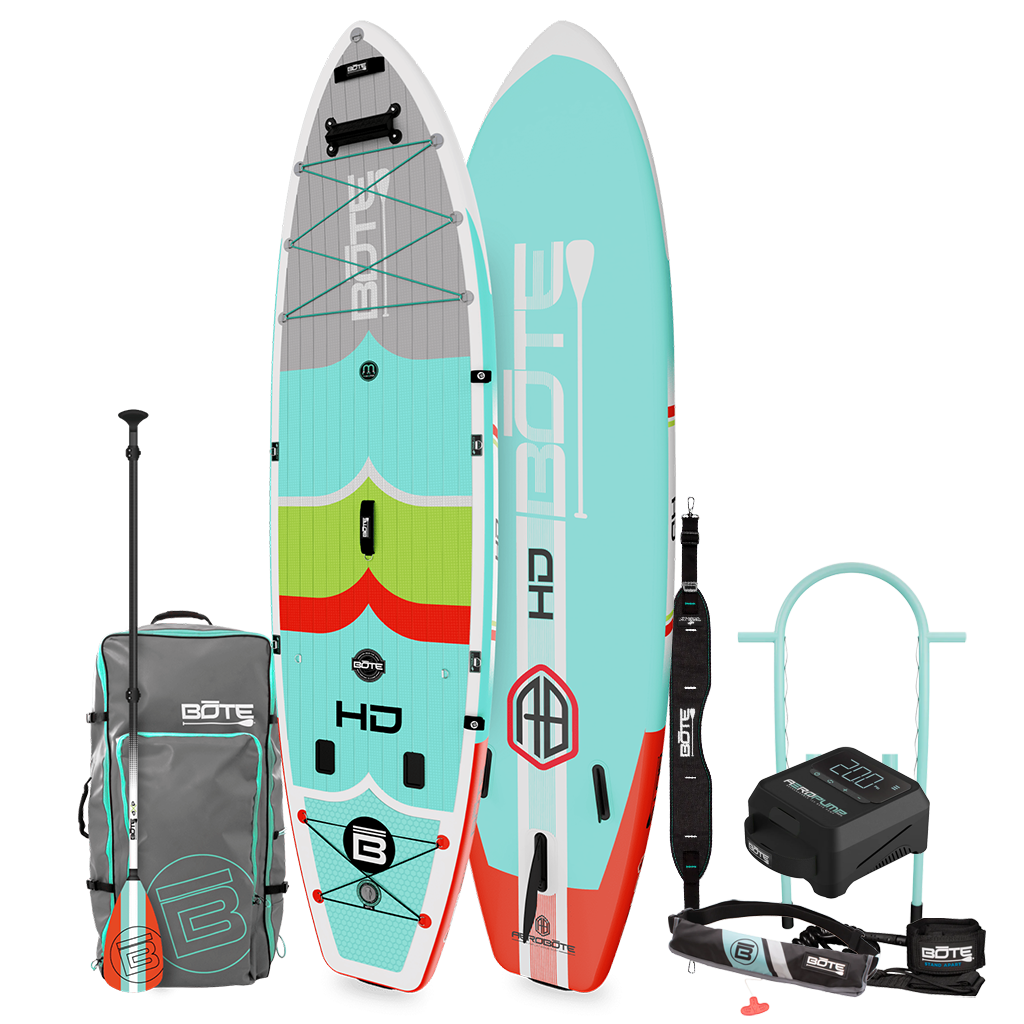 HD Aero Package shown with inflatable paddle board, teal deck, paddle, carry bag, leash, and pump.