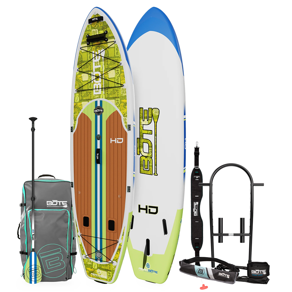 Top and bottom angled view of the HD Aero 11′6″ Native Nalu Inflatable Paddle Board Package