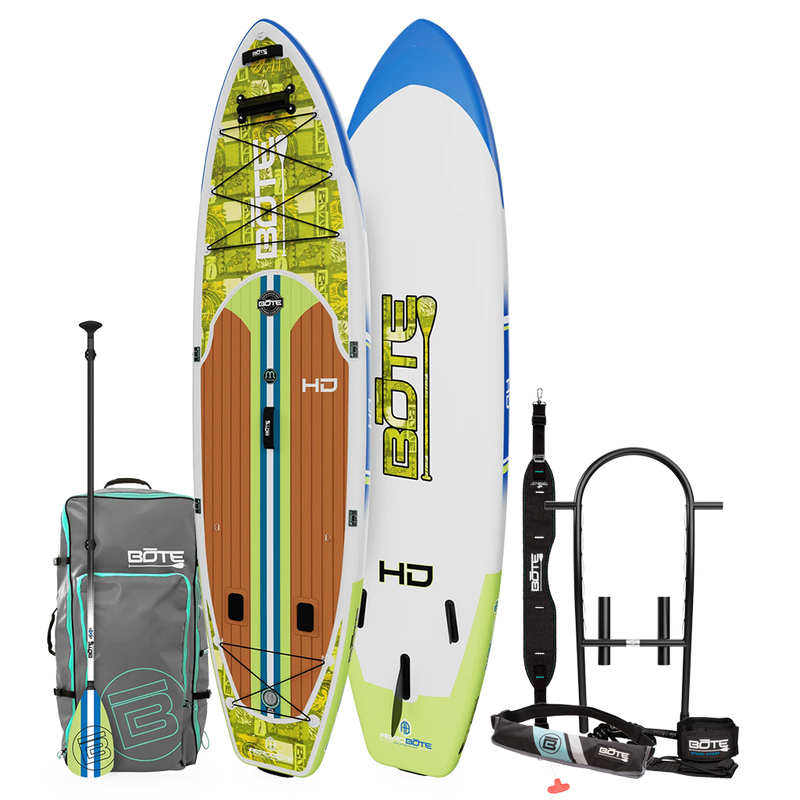 Top and bottom angled view of the HD Aero 11′6″ Native Nalu Inflatable Paddle Board Package