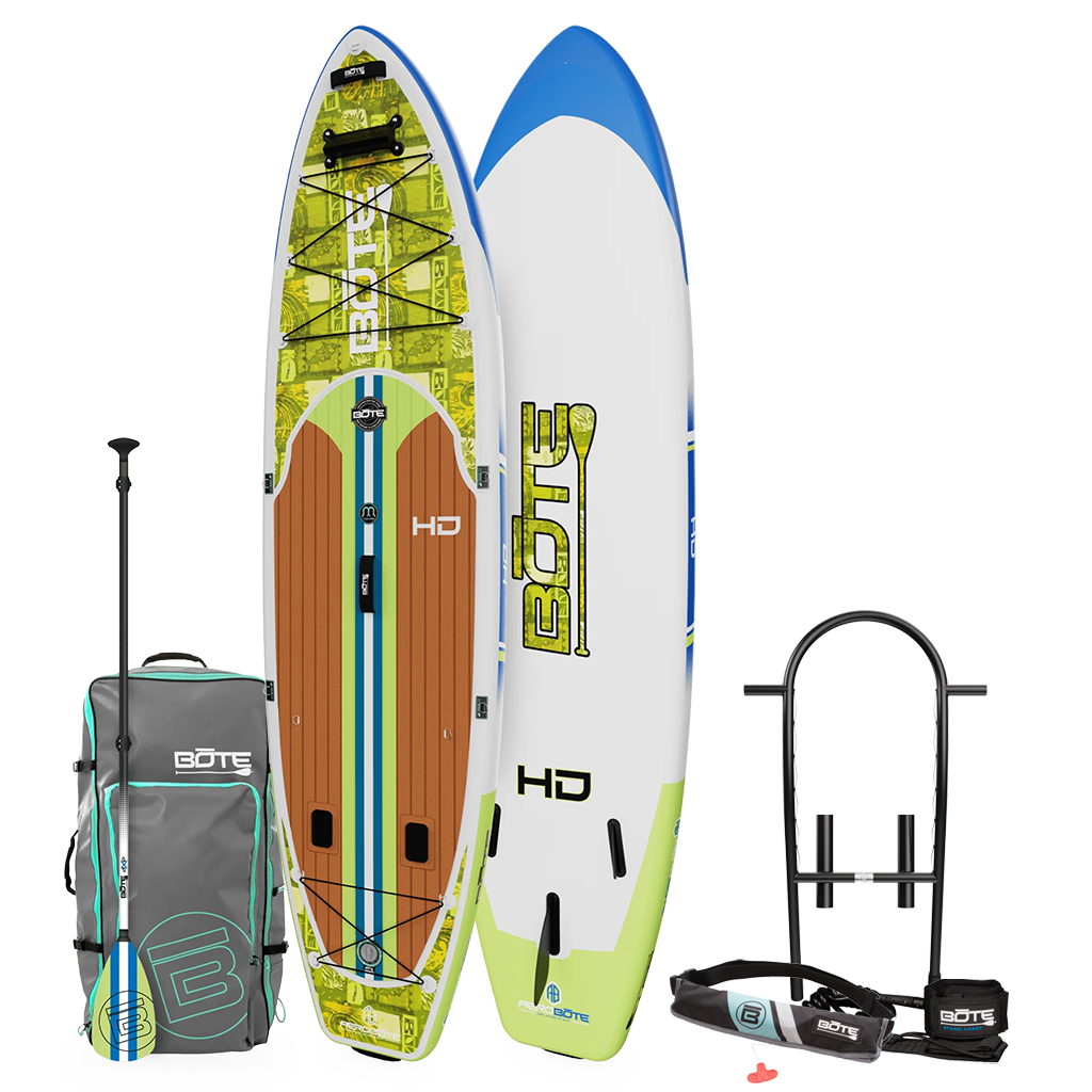 Top and bottom angled view of the HD Aero 11′6″ Native Nalu Inflatable Paddle Board Package