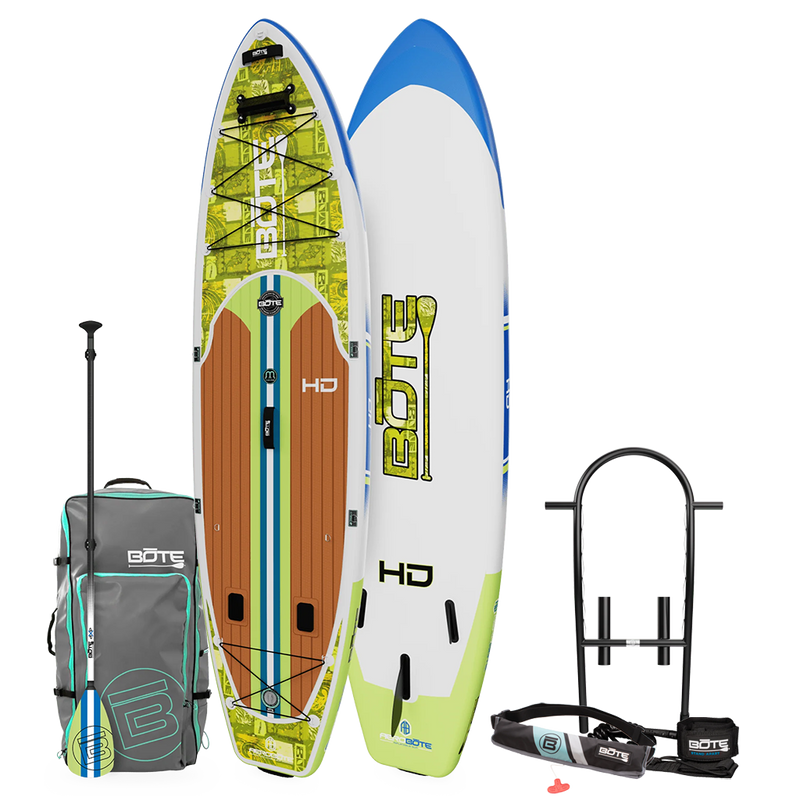 Top and bottom angled view of the HD Aero 11′6″ Native Nalu Inflatable Paddle Board Package