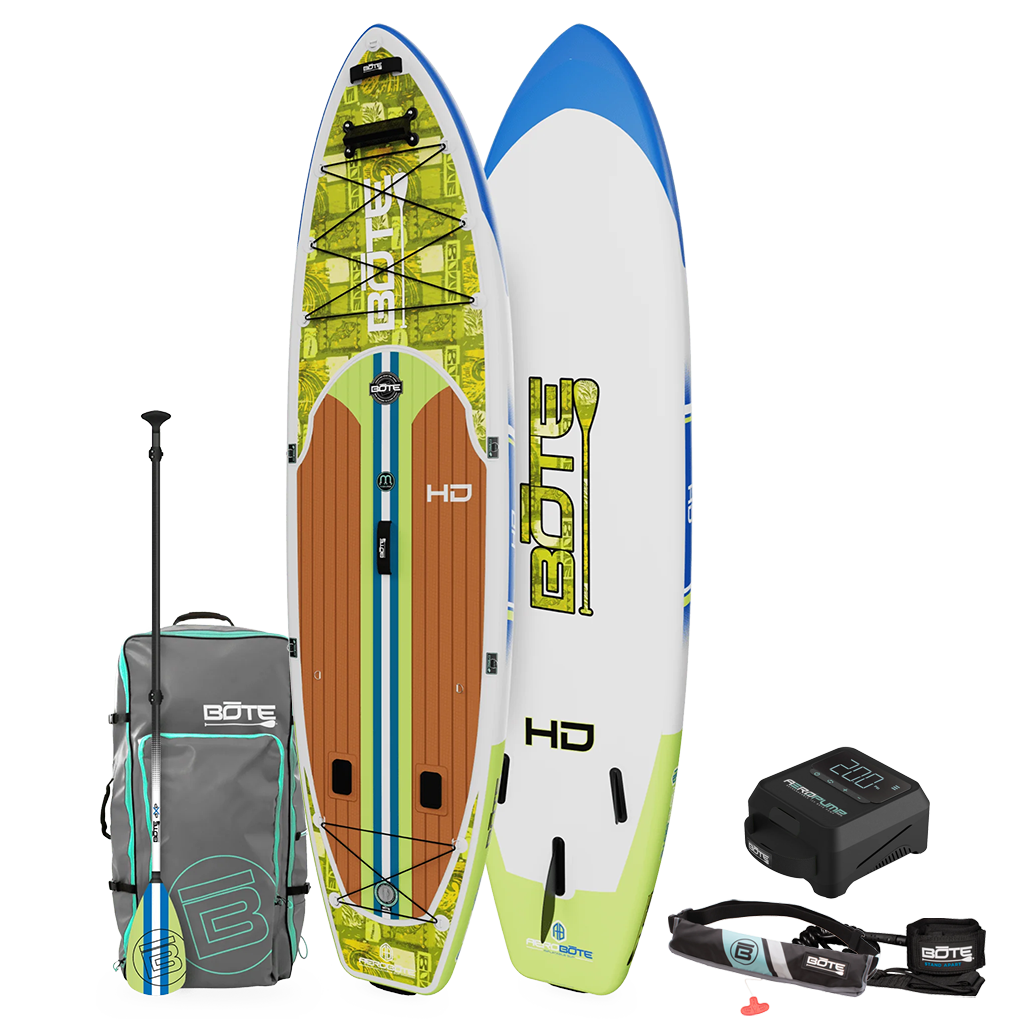 Top and bottom angled view of the HD Aero 11′6″ Native Nalu Inflatable Paddle Board Package