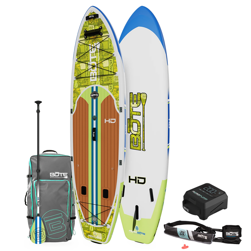 Top and bottom angled view of the HD Aero 11′6″ Native Nalu Inflatable Paddle Board Package