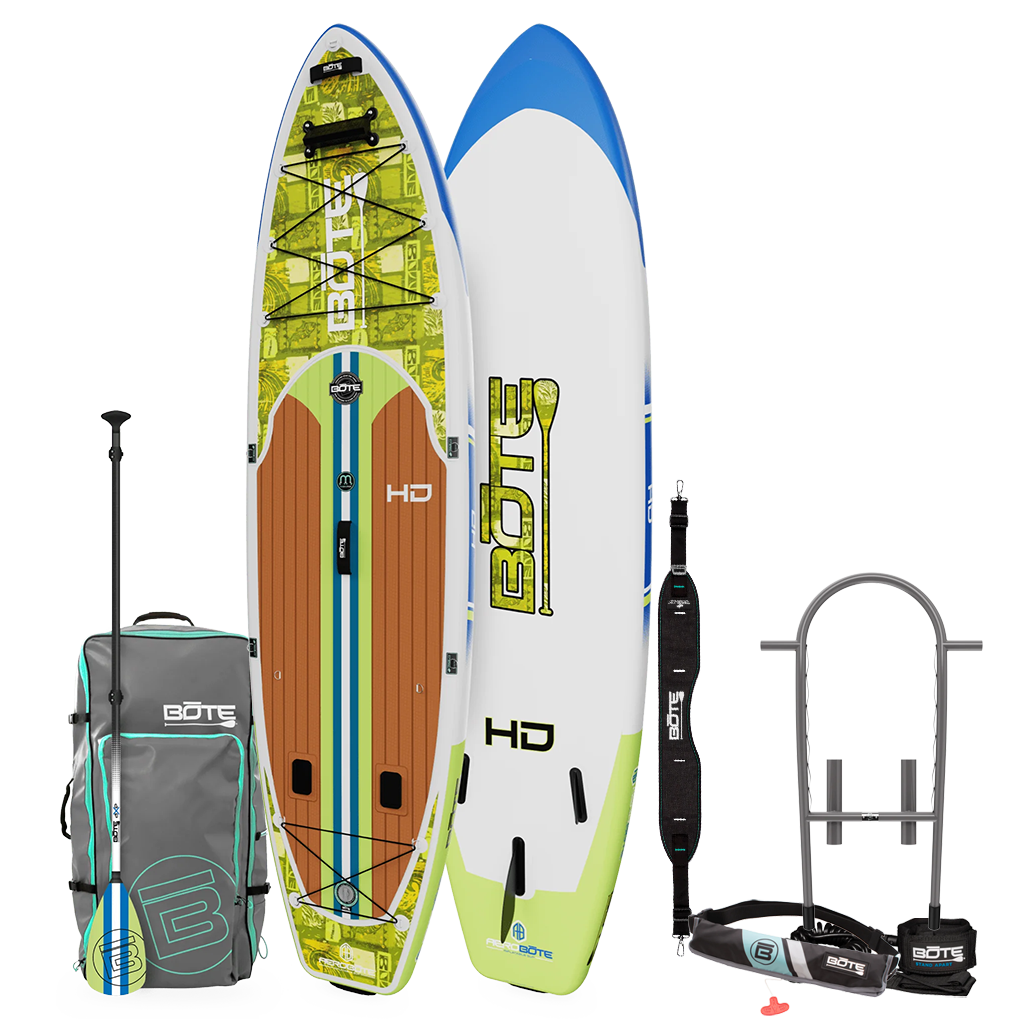 Top and bottom angled view of the HD Aero 11′6″ Native Nalu Inflatable Paddle Board Package