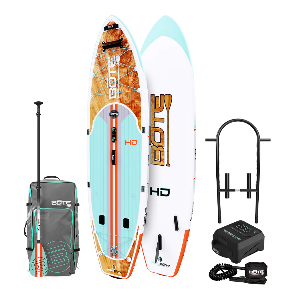 Top and base view of the HD Aero Package in Classic Cedar with paddle, bag, rack, pump, and coiled leash.