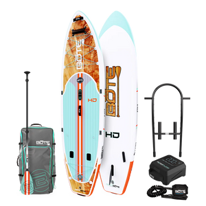 Top and base view of the HD Aero Package in Classic Cedar with paddle, bag, rack, pump, and coiled leash.
