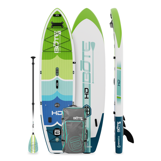 Top and side view of HD Aero paddle board in Full Trax colorway with paddle and bag.