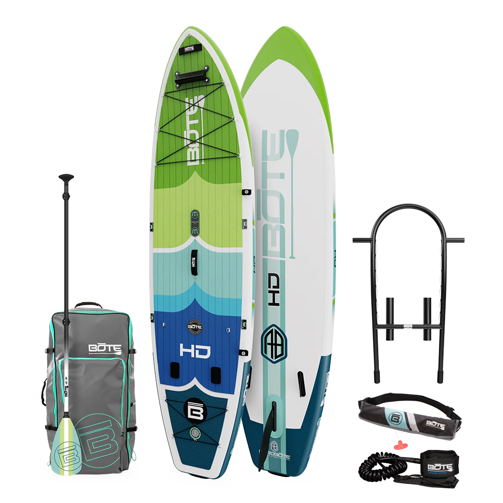 Top and base view of the HD Aero Package in Full Trax Navy Blue with paddle, bag, rack, pfd belt, and coiled leash.