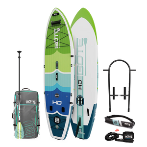 Top and base view of the HD Aero Package in Full Trax Navy Blue with paddle, bag, rack, pfd belt, and coiled leash.