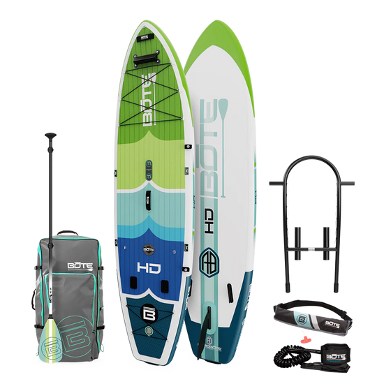 Top and base view of the HD Aero Package in Full Trax Navy Blue with paddle, bag, rack, pfd belt, and coiled leash.
